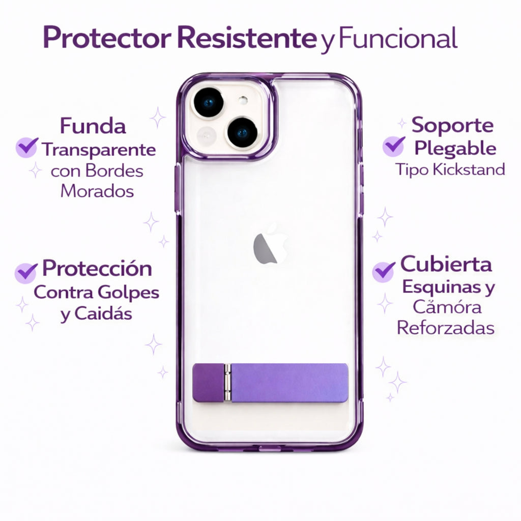 Protector iPhone 13/14 Transparente Con Soporte Morado