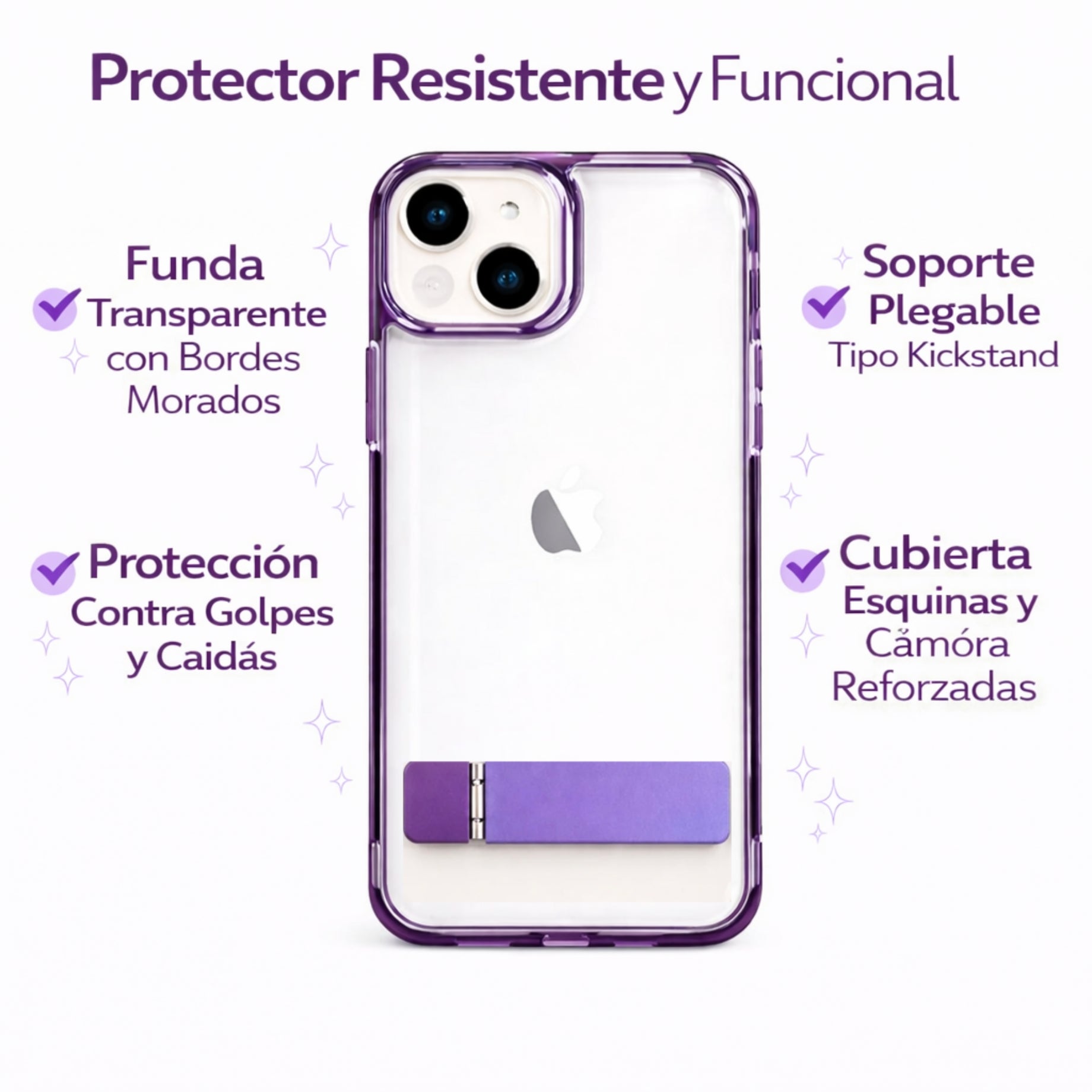 Protector iPhone 13/14 Transparente Con Soporte Morado