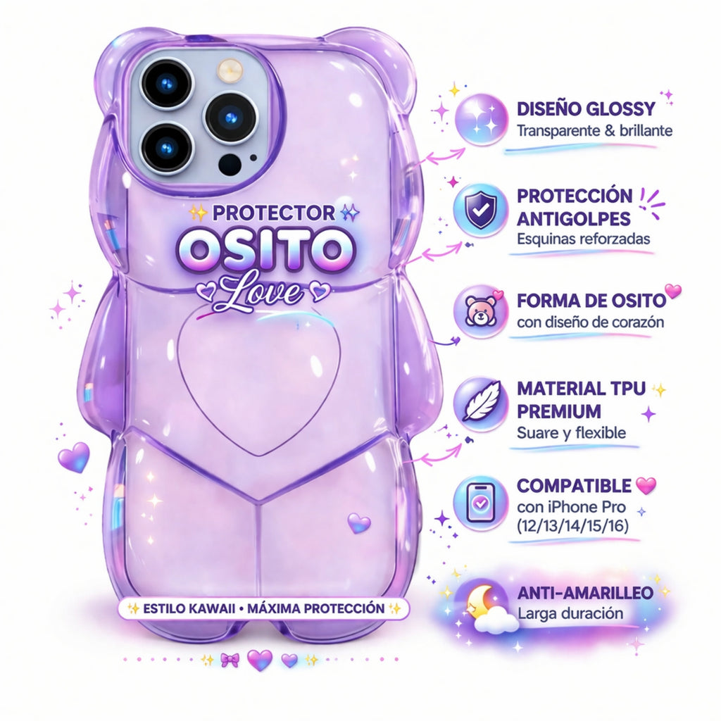 Protector iPhone 13 Pro Diseño Oso Morado