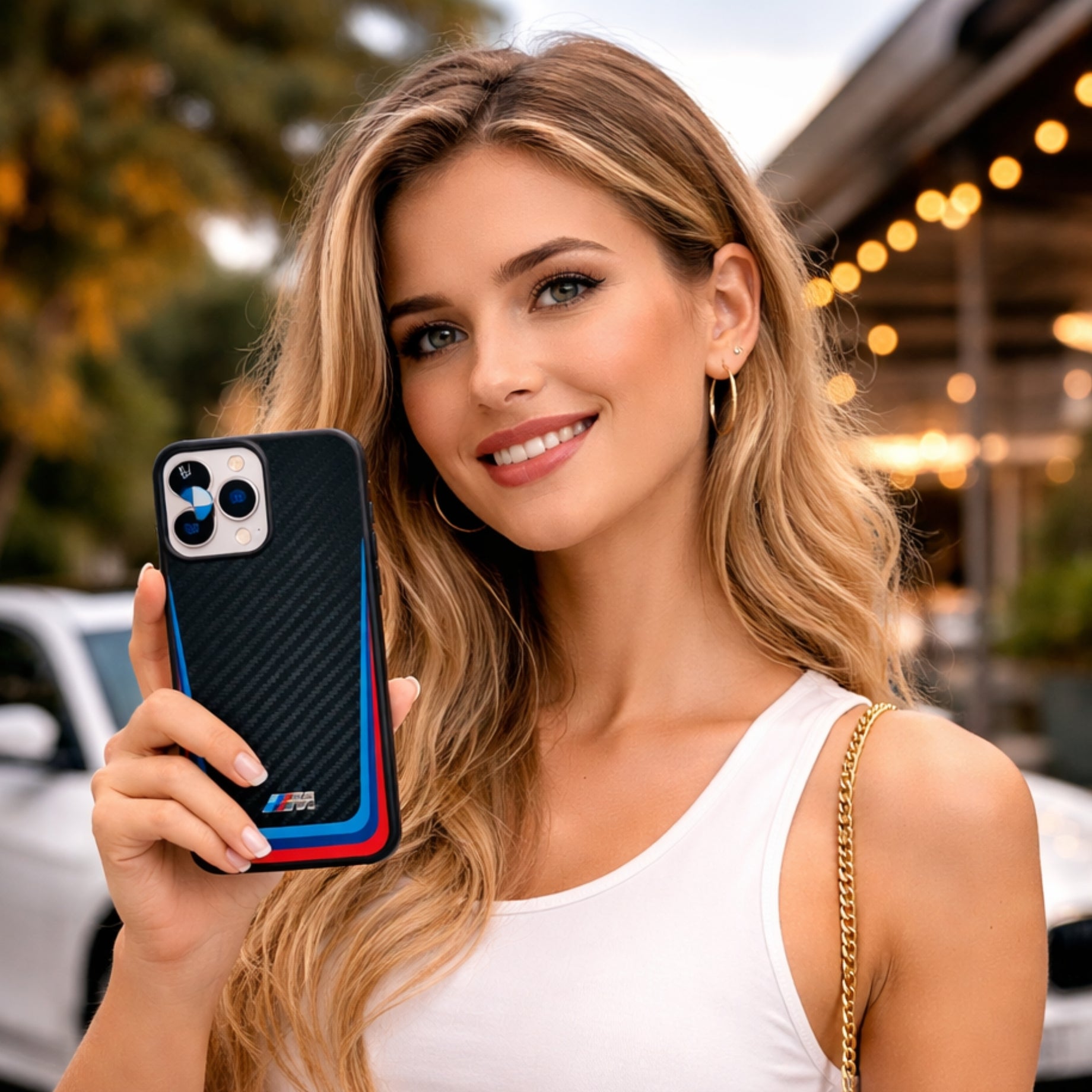 Protector iPhone 15 Pro Max BMW Tricolor Track Negro