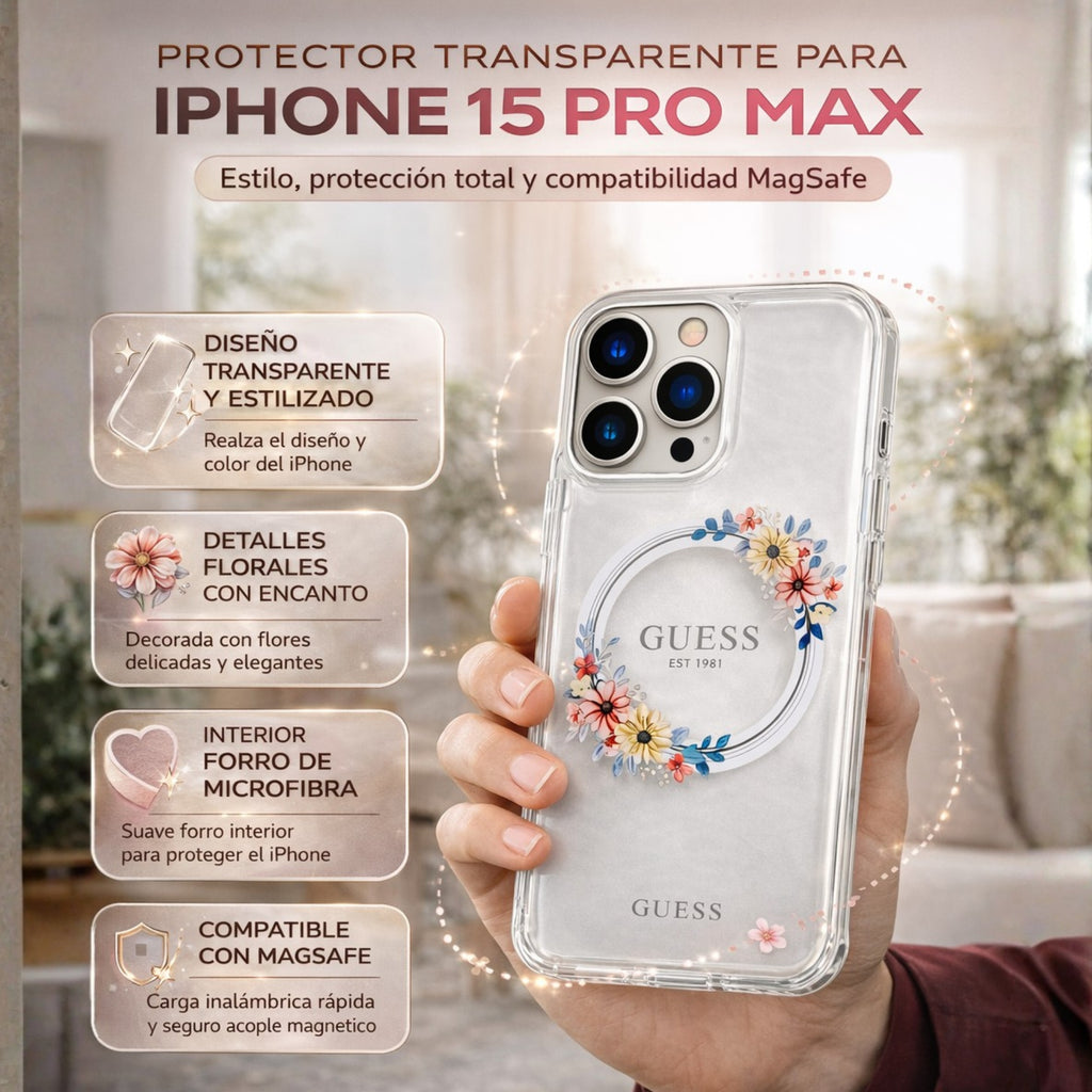 Protector iPhone 15 Pro Max GUESS Magsafe Flowers