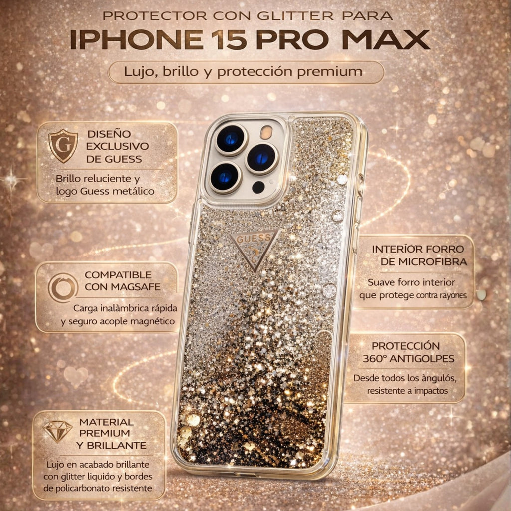 Protector iPhone 15 Pro Max GUESS Liquid Glitter