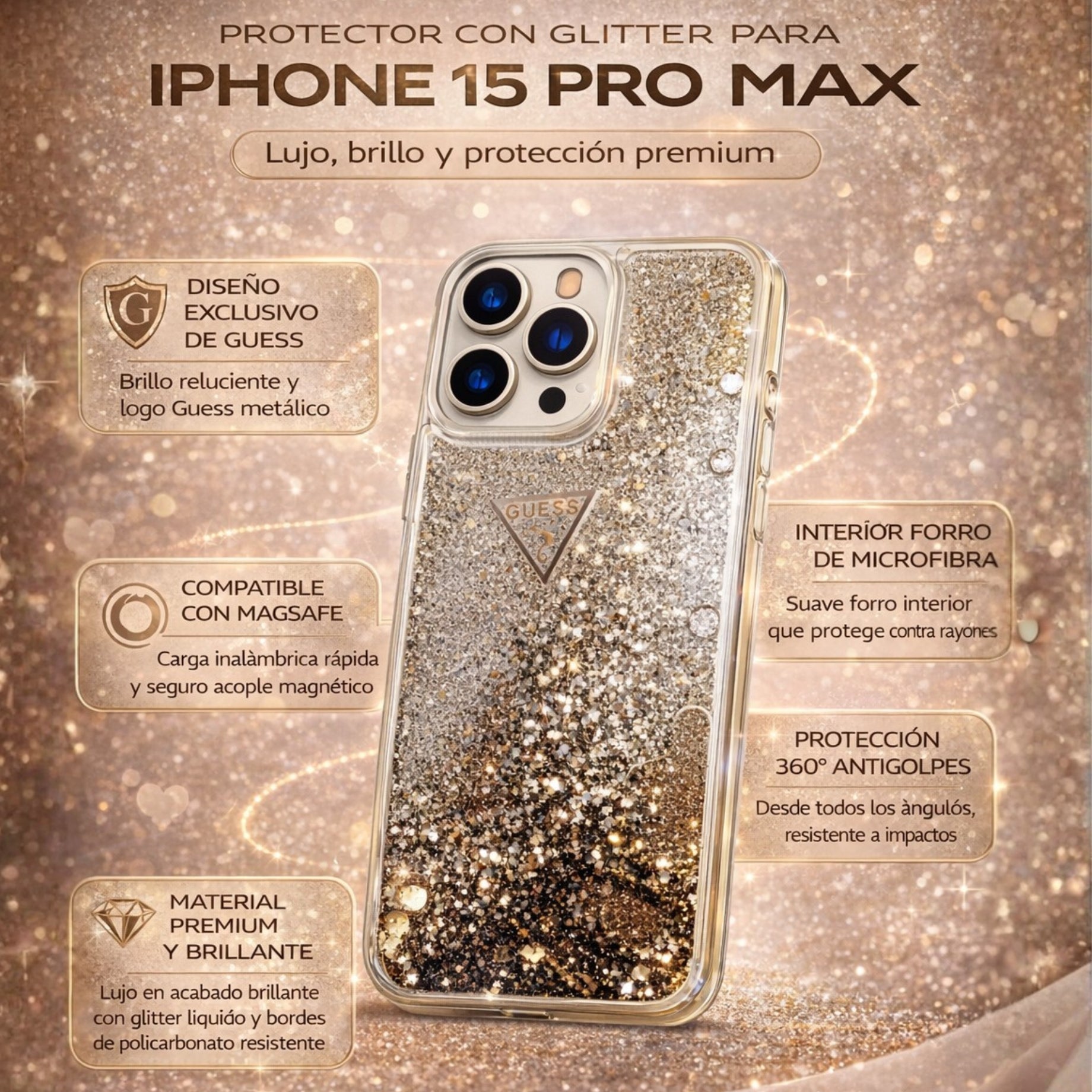 Protector iPhone 15 Pro Max GUESS Liquid Glitter