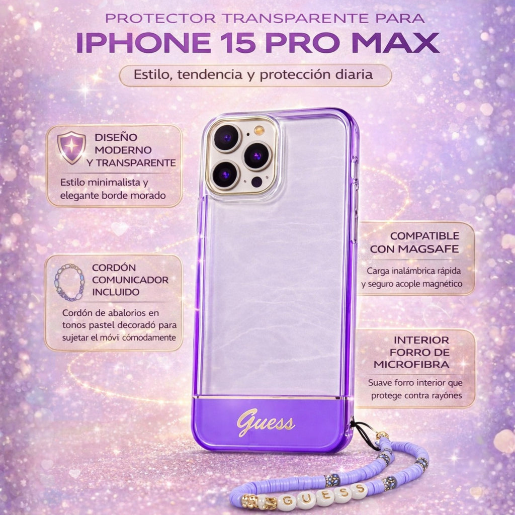 Protector iPhone 15 Pro Max GUESS Strap Translucent Morado