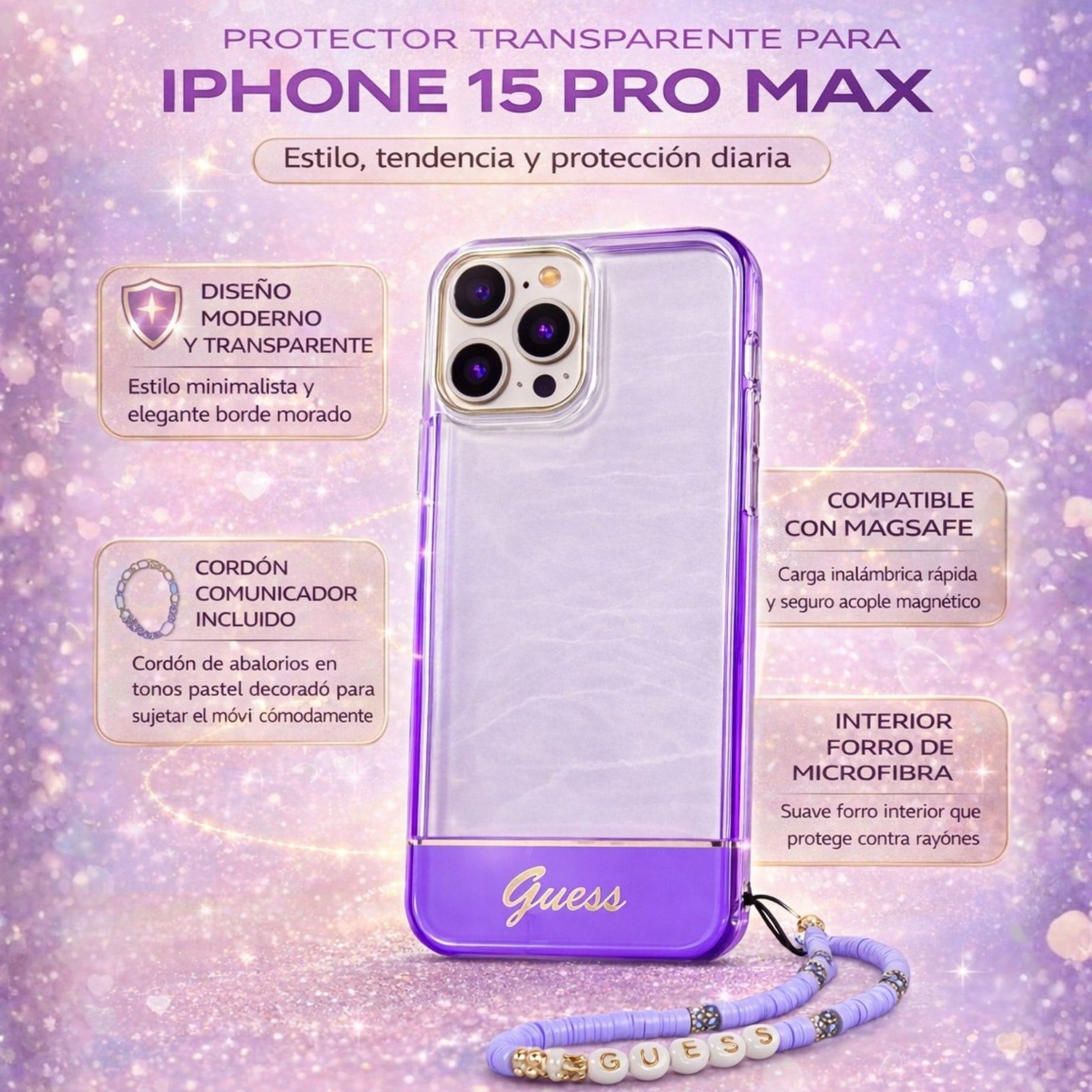 Protector iPhone 15 Pro Max GUESS Strap Translucent Morado