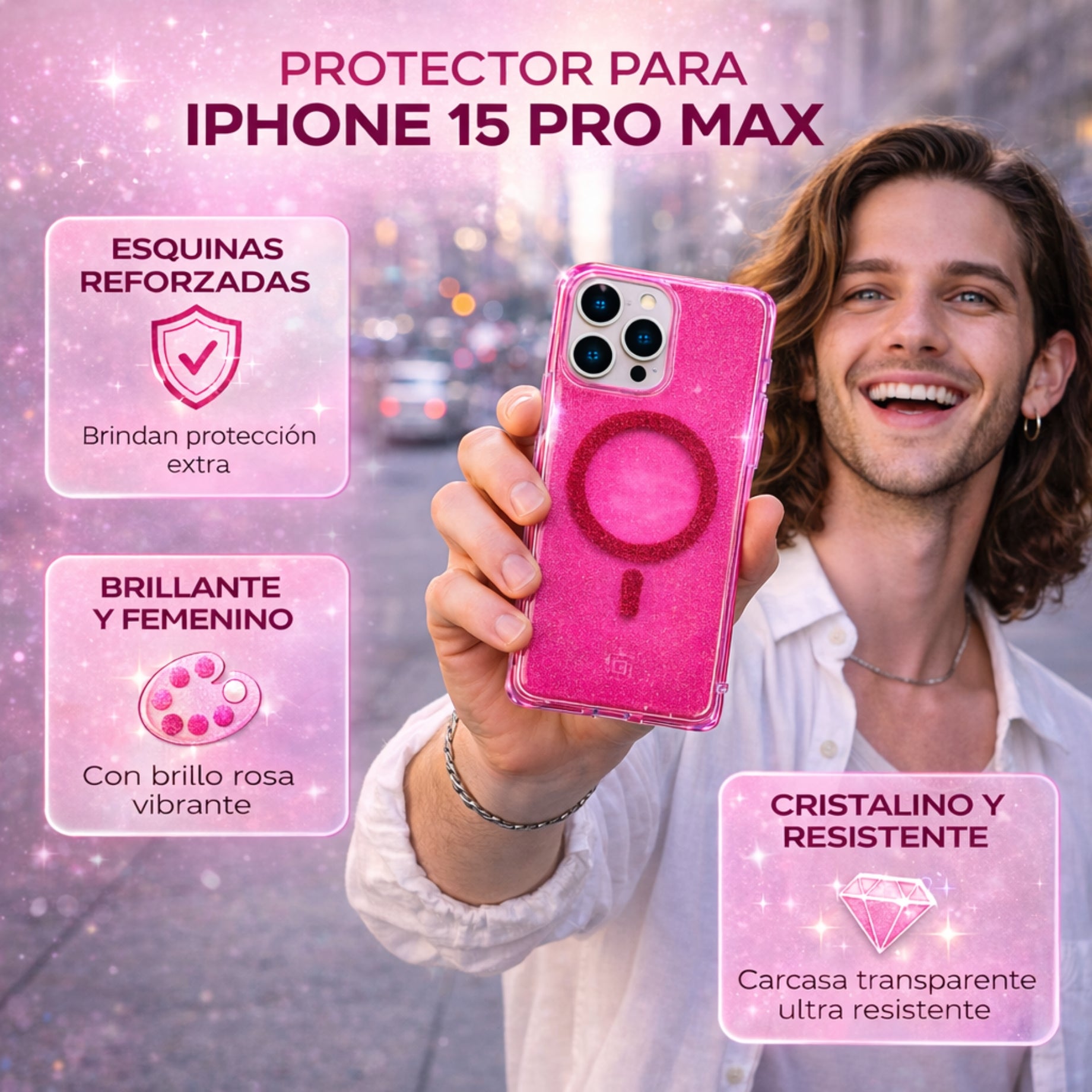 Protector iPhone 15 Pro Max Pink Shine MagSafe