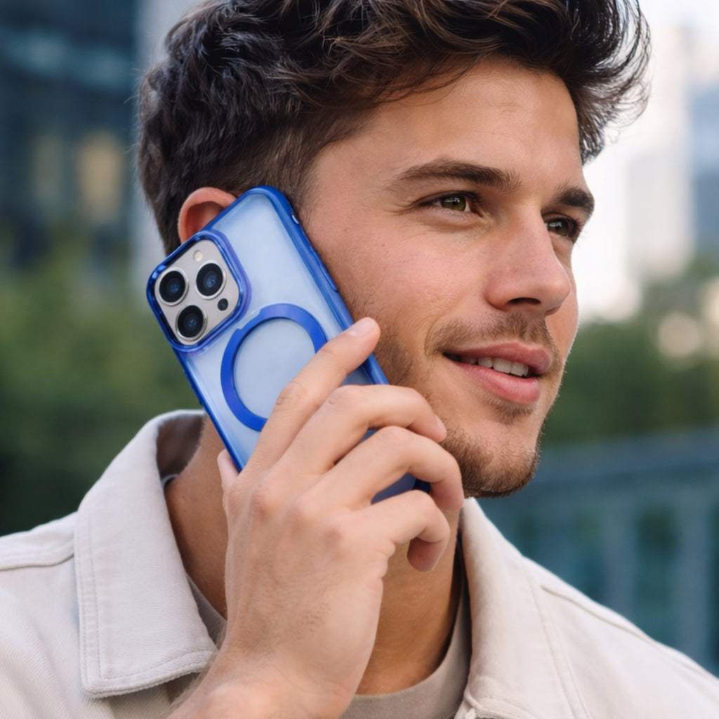 Protector iPhone 15 Pro CASE Azul Magsafe Con Soporte