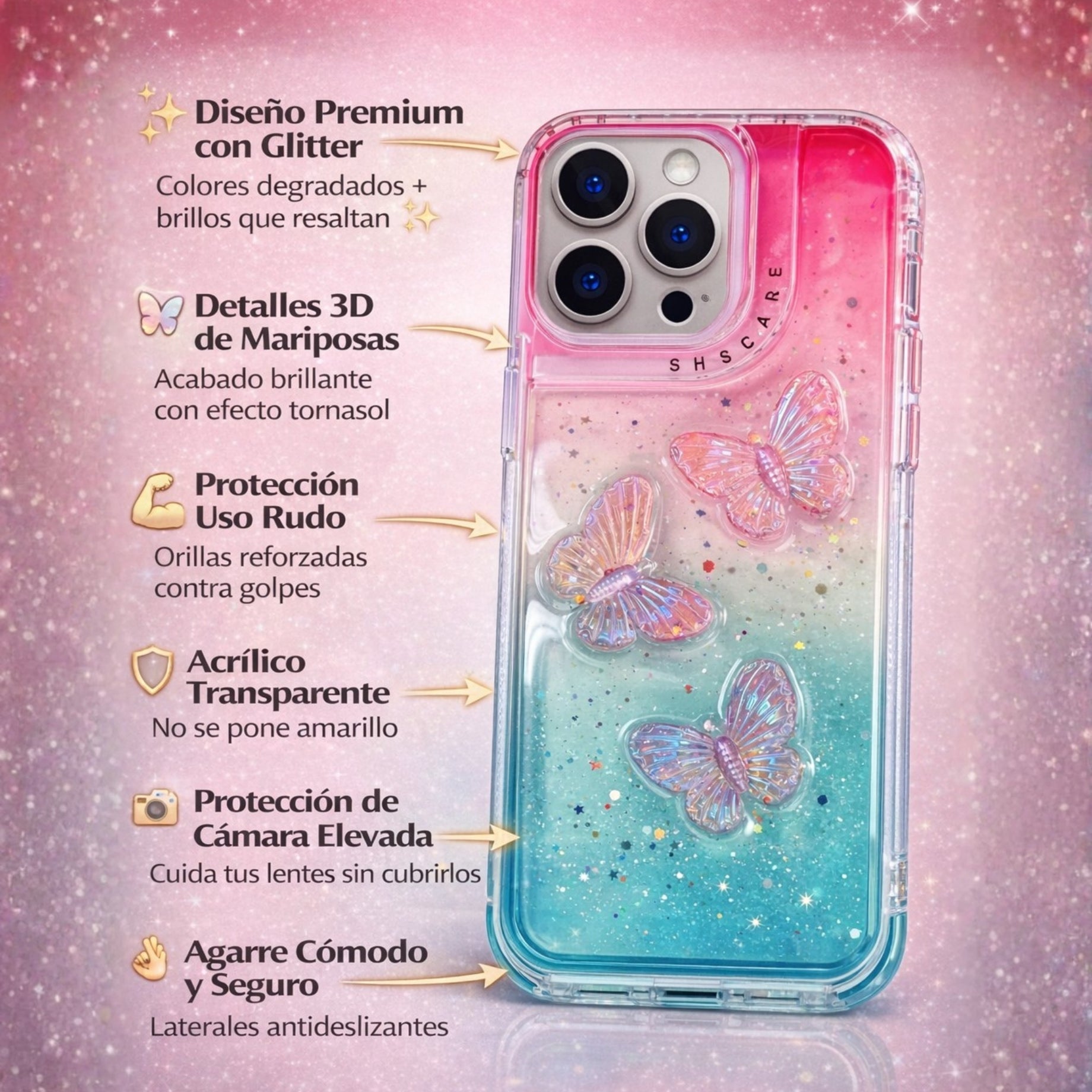 Protector iPhone 15 Pro 3 en 1 Mariposas