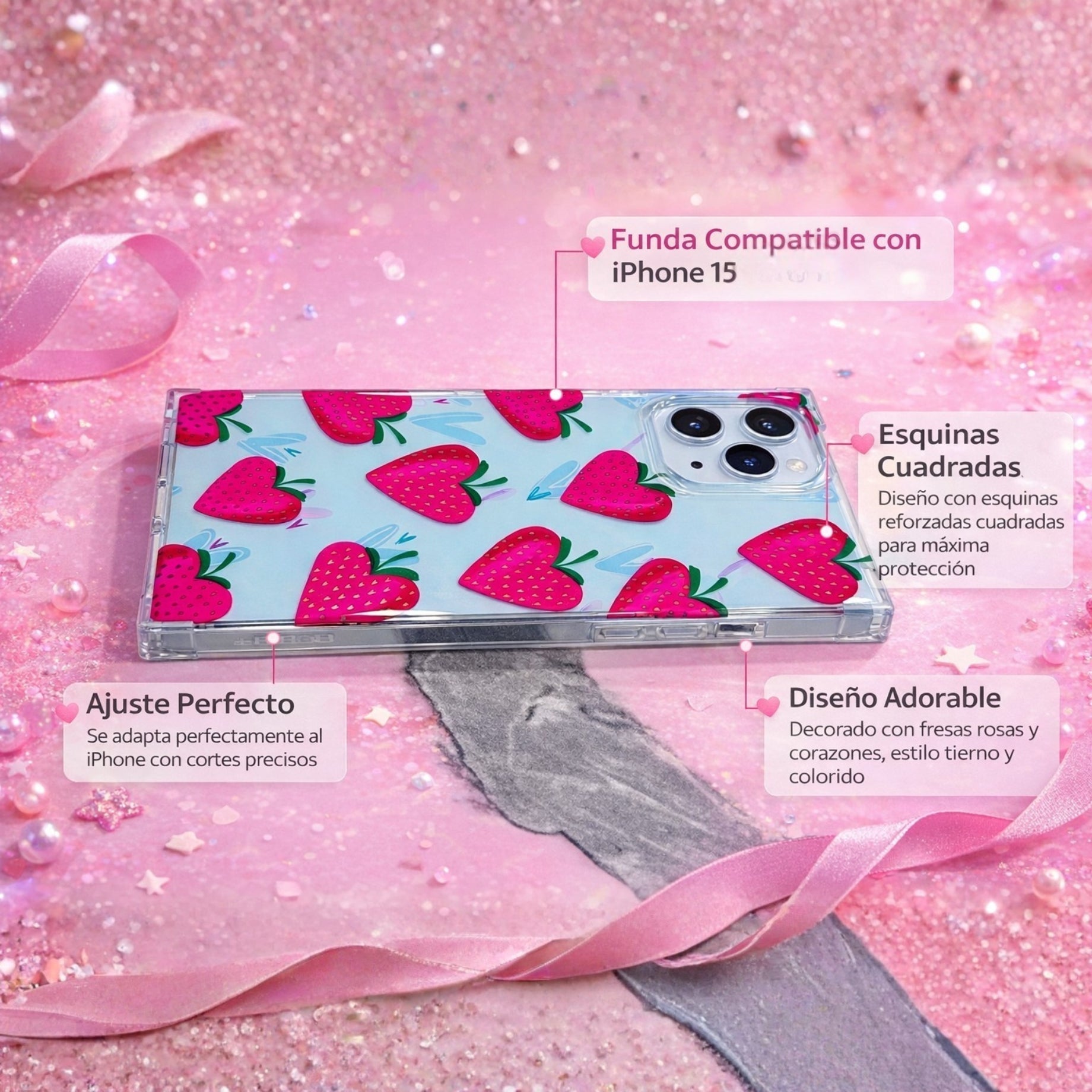 Protector iPhone 15 Fresas Cuadrado
