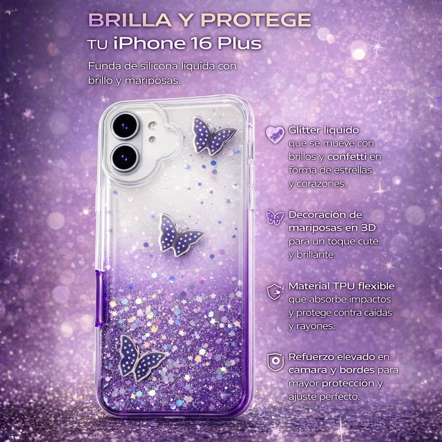 Protector iPhone 16 Plus Diseño Mariposas