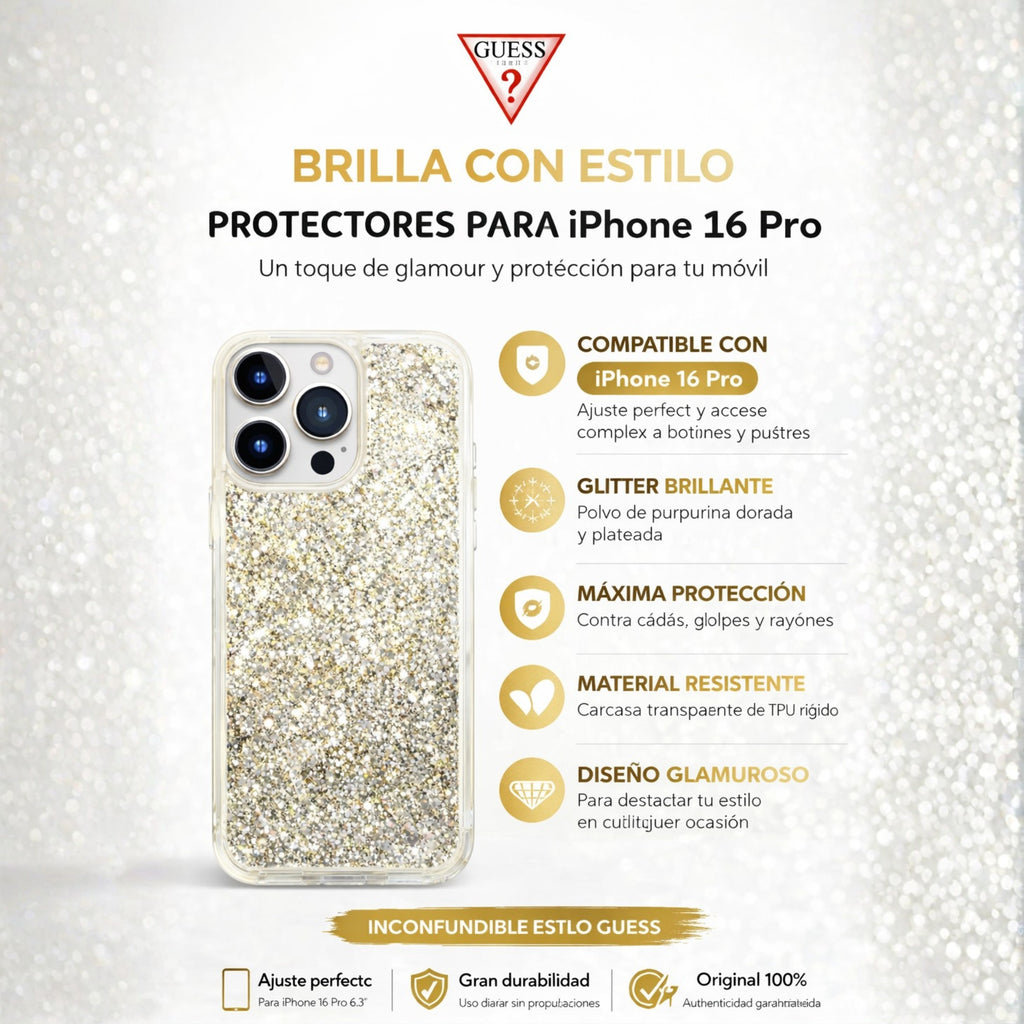 Protector iPhone 16 Pro GUESS LIQUID GLITTER GOLD