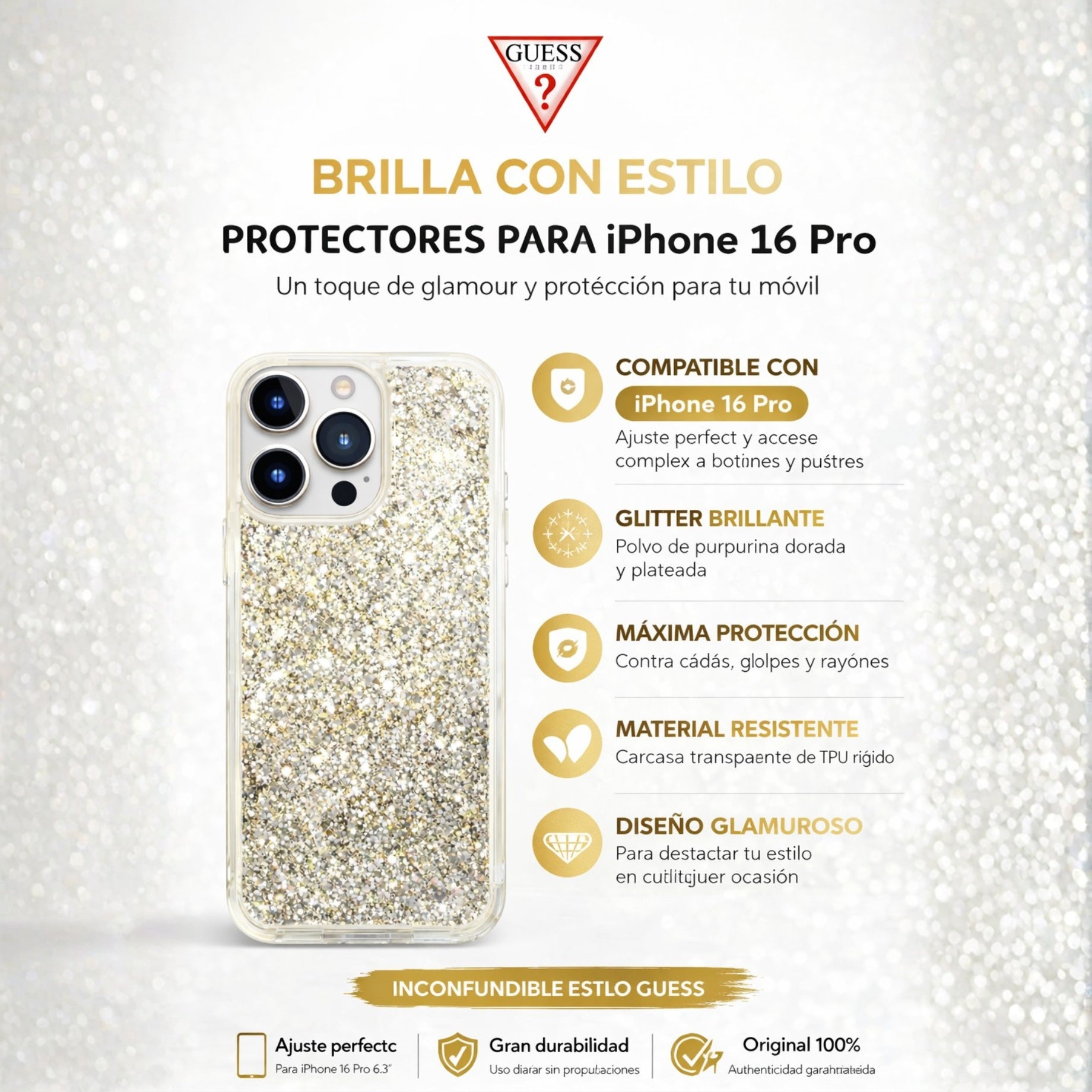 Protector iPhone 16 Pro GUESS LIQUID GLITTER GOLD