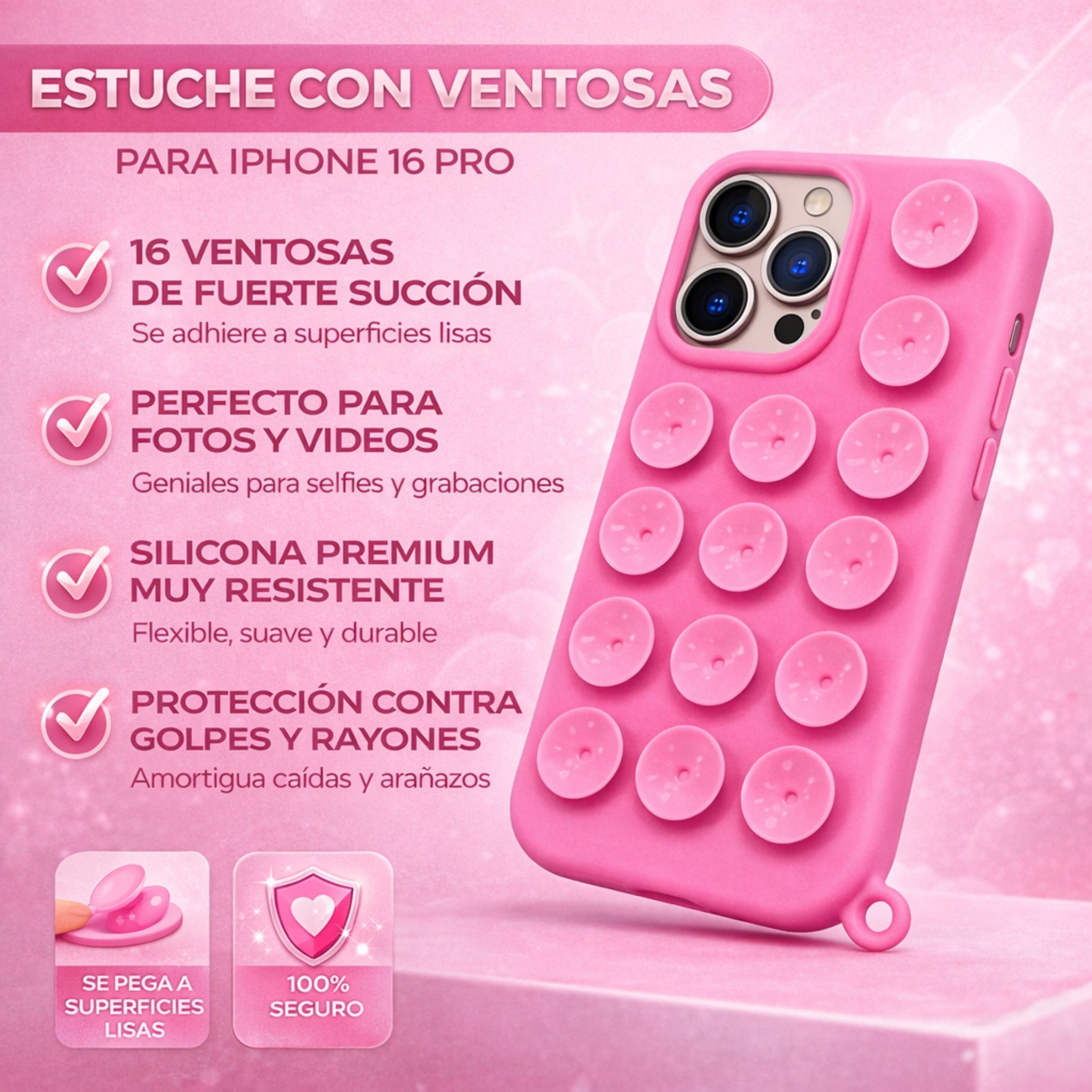 Protector iPhone 16 Pro Diseño Ventosas Rosa