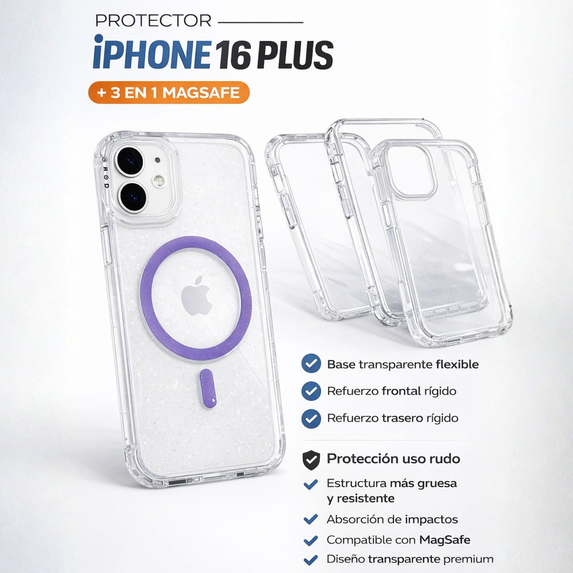 Protector iPhone 16 Plus Funda Clear Shine MagSafe Morado