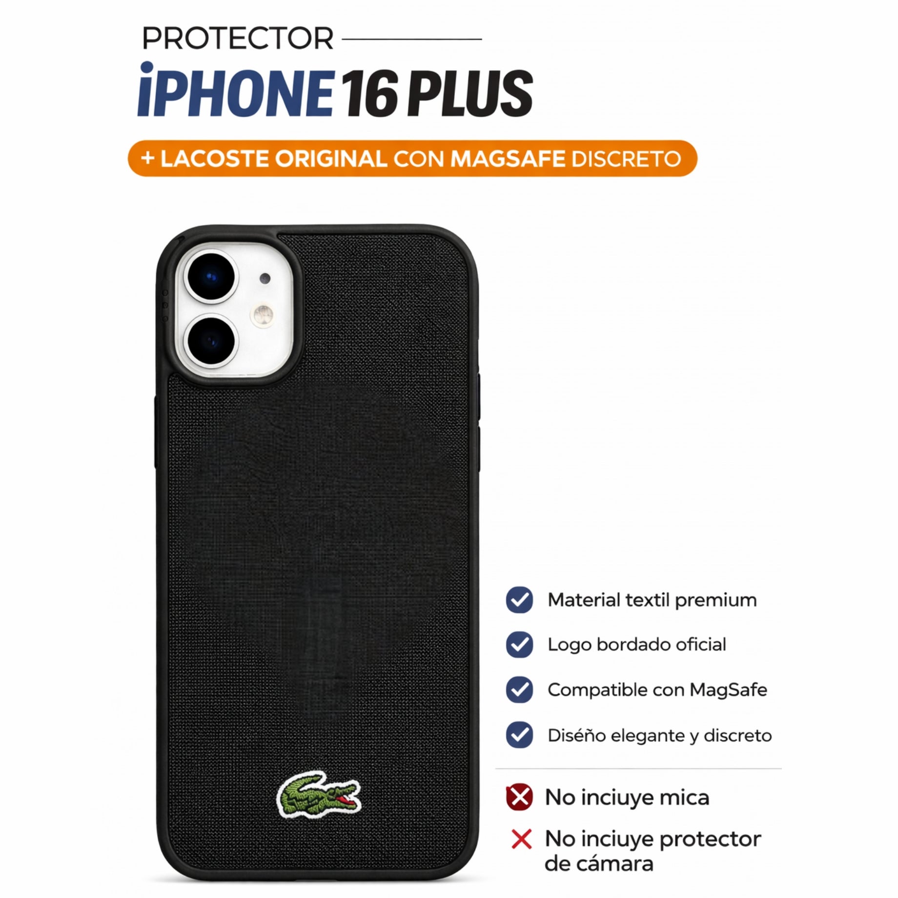 Protector iPhone 16 Plus LACOSTE Iconic Negro