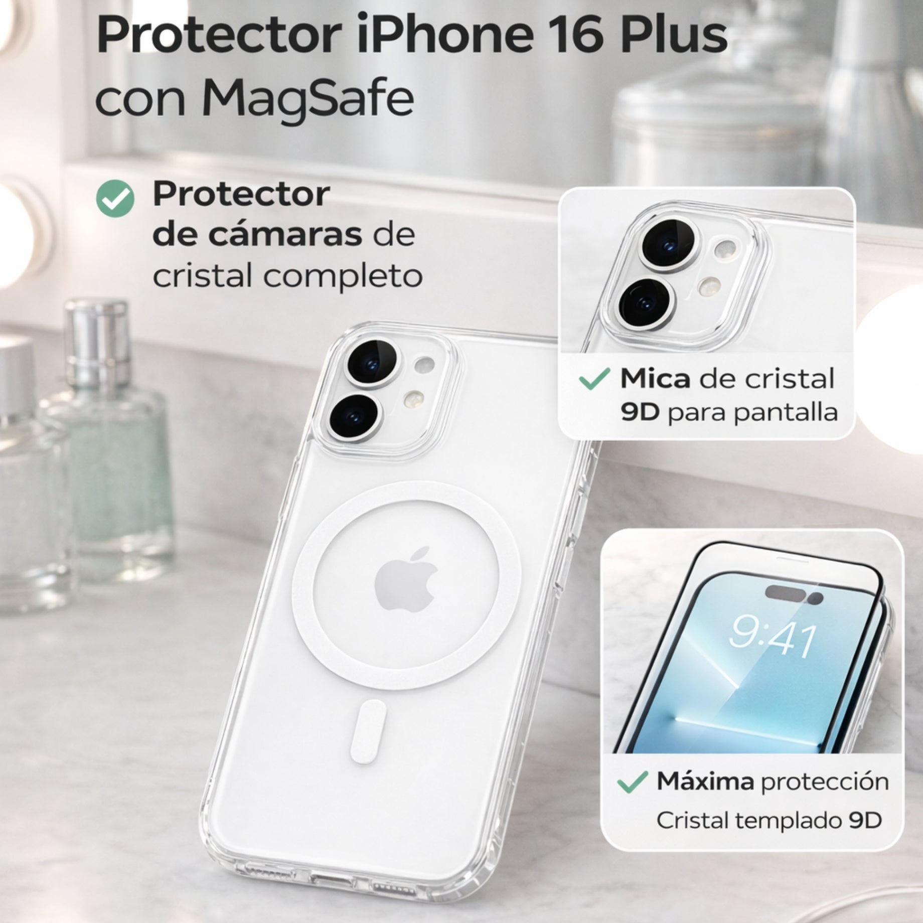Protector iPhone 16 Plus Transparente Magsafe Con Protector de Camara