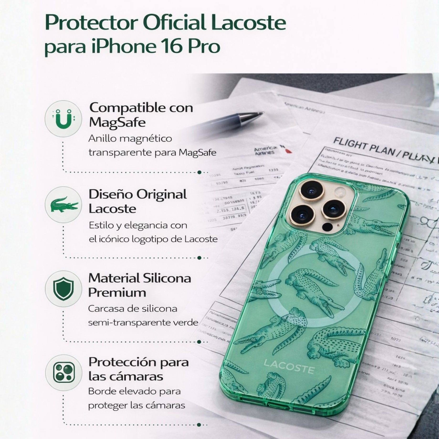 Protector iPhone 16 Pro LACOSTE Alligator Verde