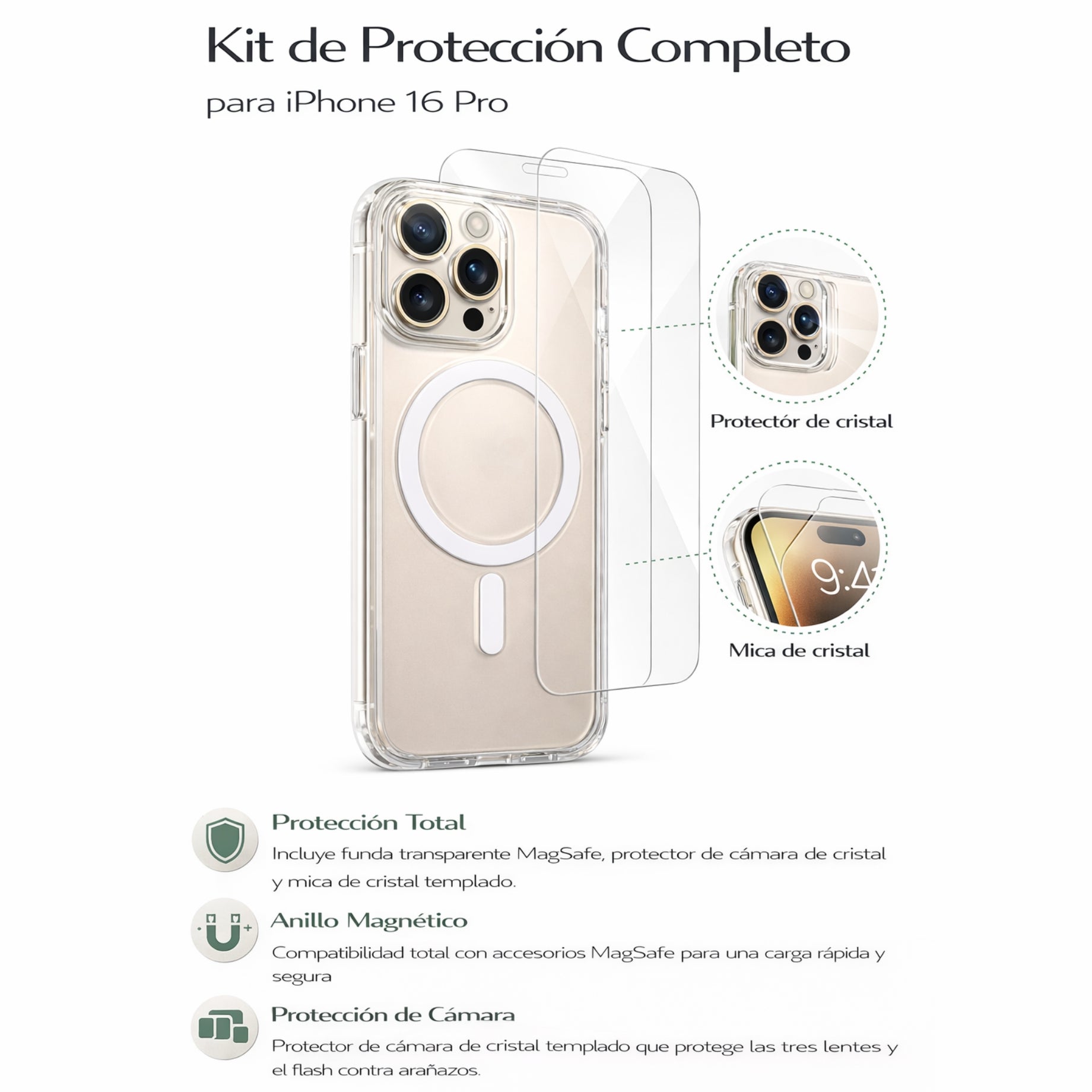 Protector iPhone 16 Pro Magsafe Transparente Con Protector de Camaras