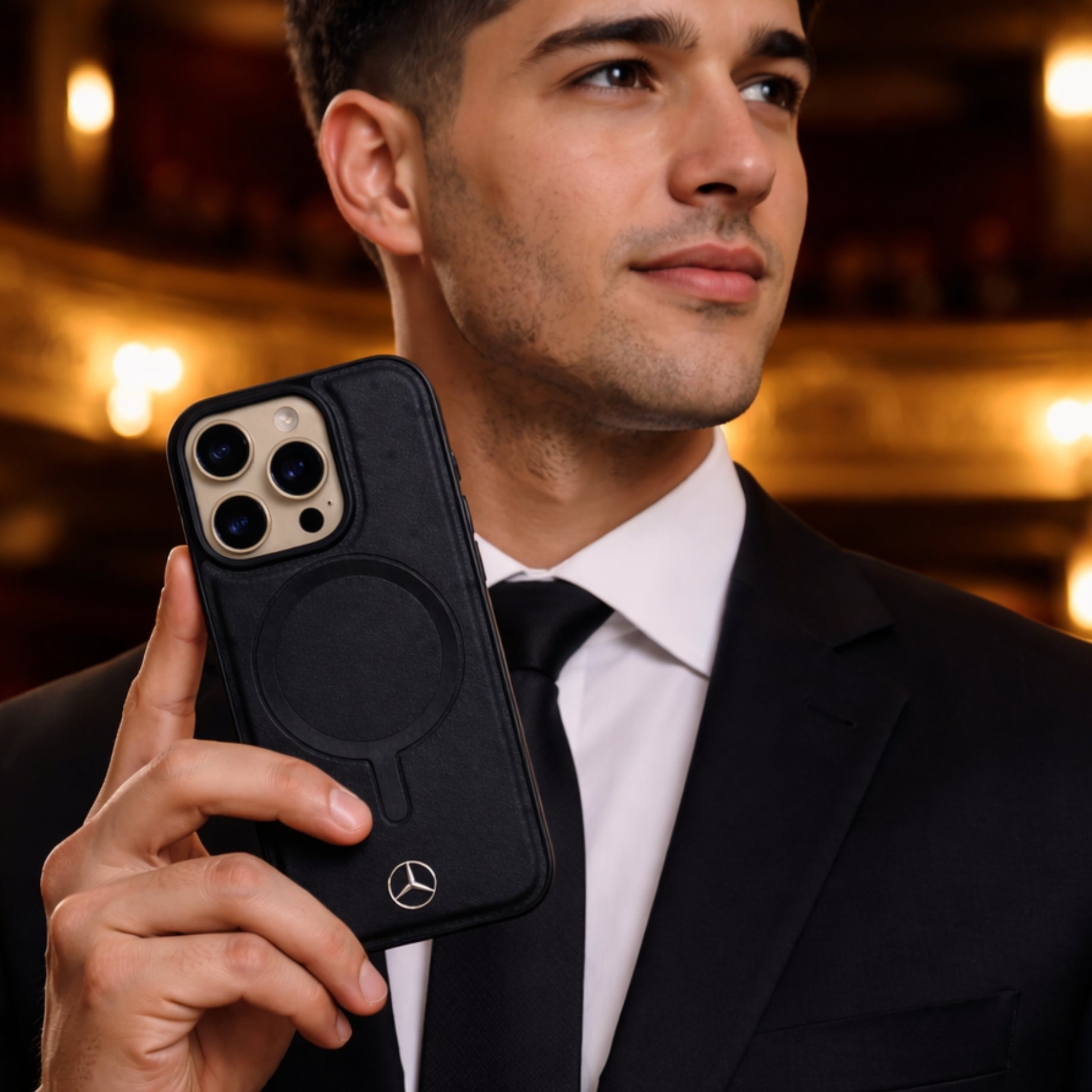 Protector iPhone 16 Pro MERCEDES Piel Negro