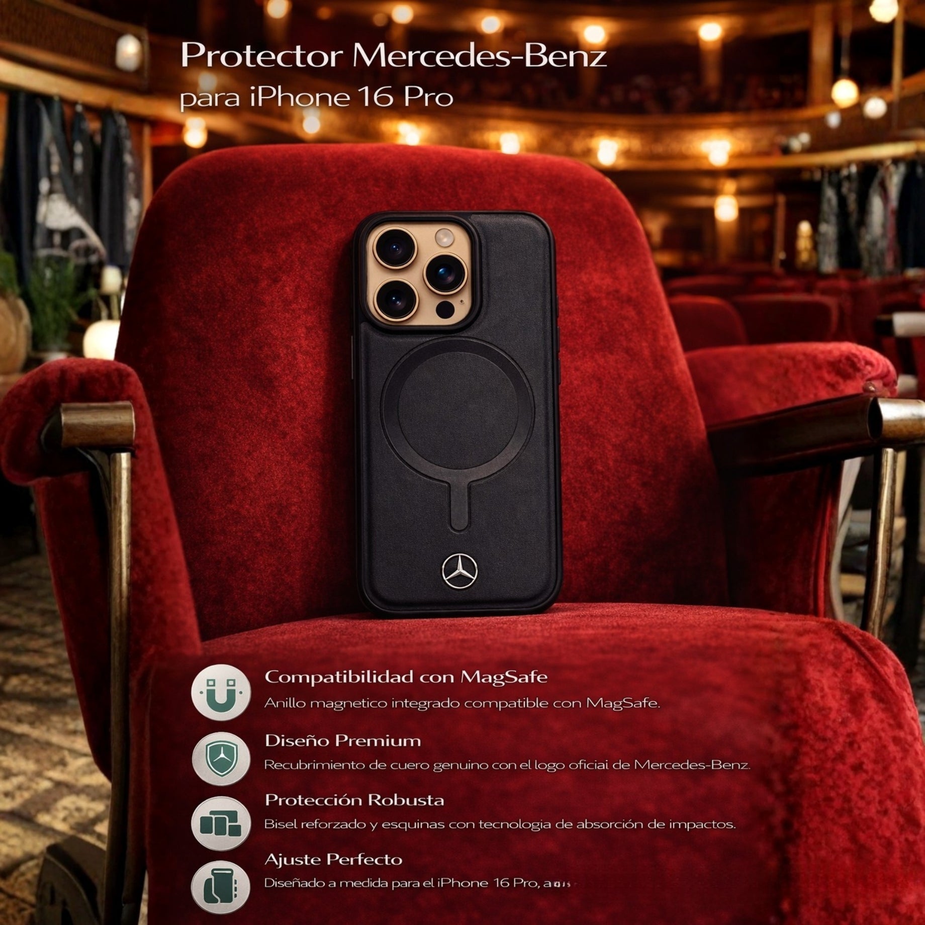 Protector iPhone 16 Pro MERCEDES Piel Negro
