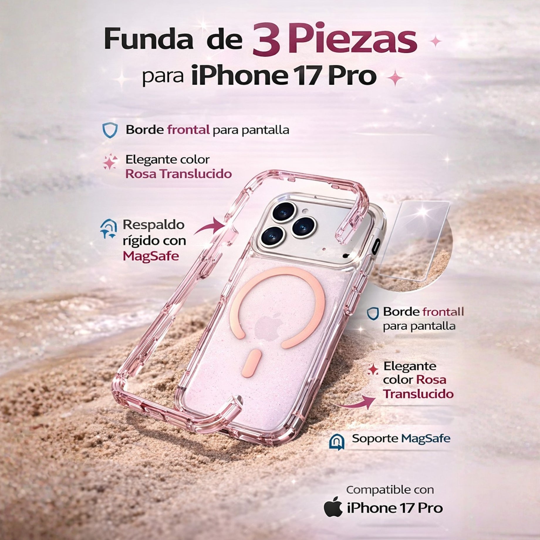 Protector iPhone 17 Pro 3 en 1 Magsafe Rosa