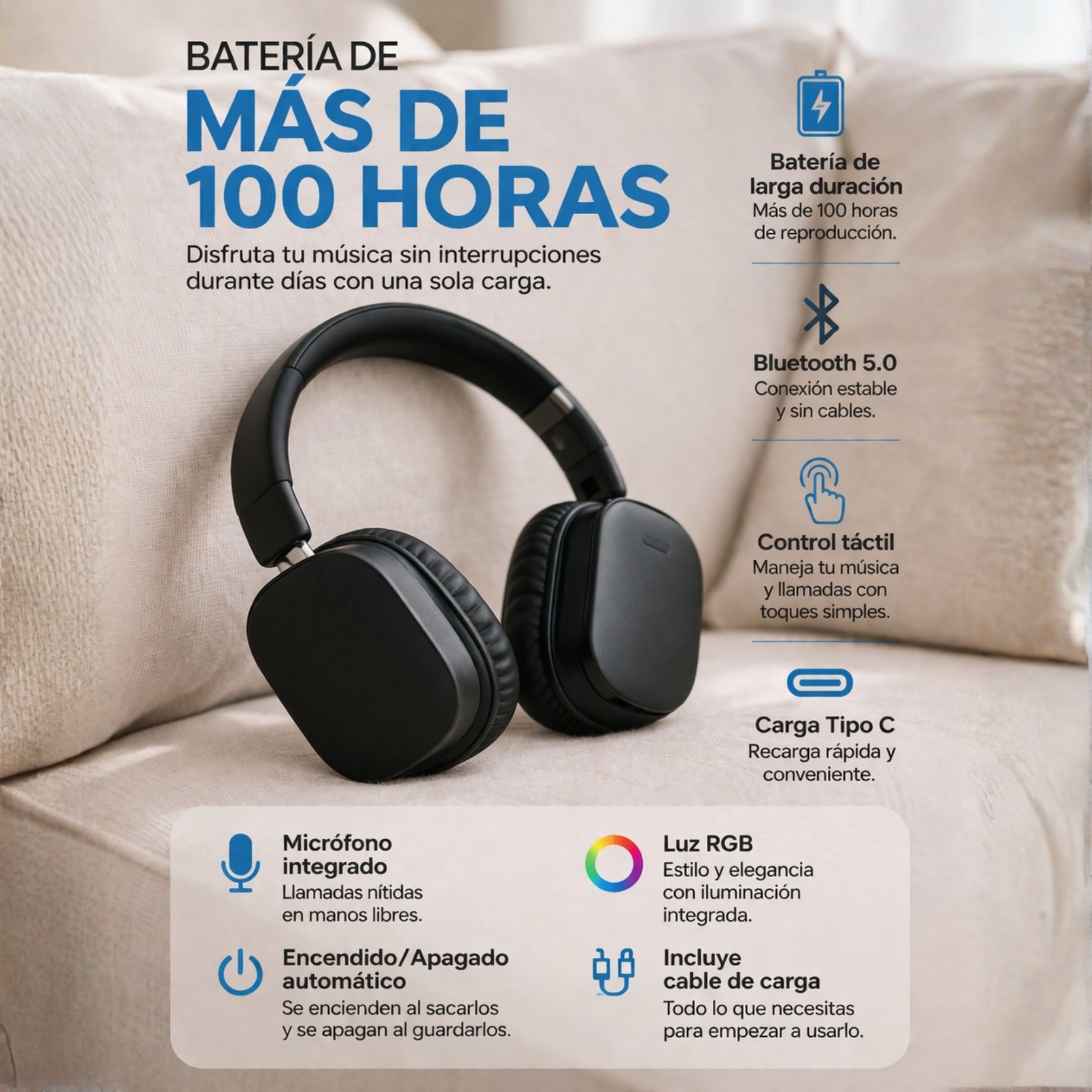 Audifonos Inalámbricos 100 horas Negros Ajustables
