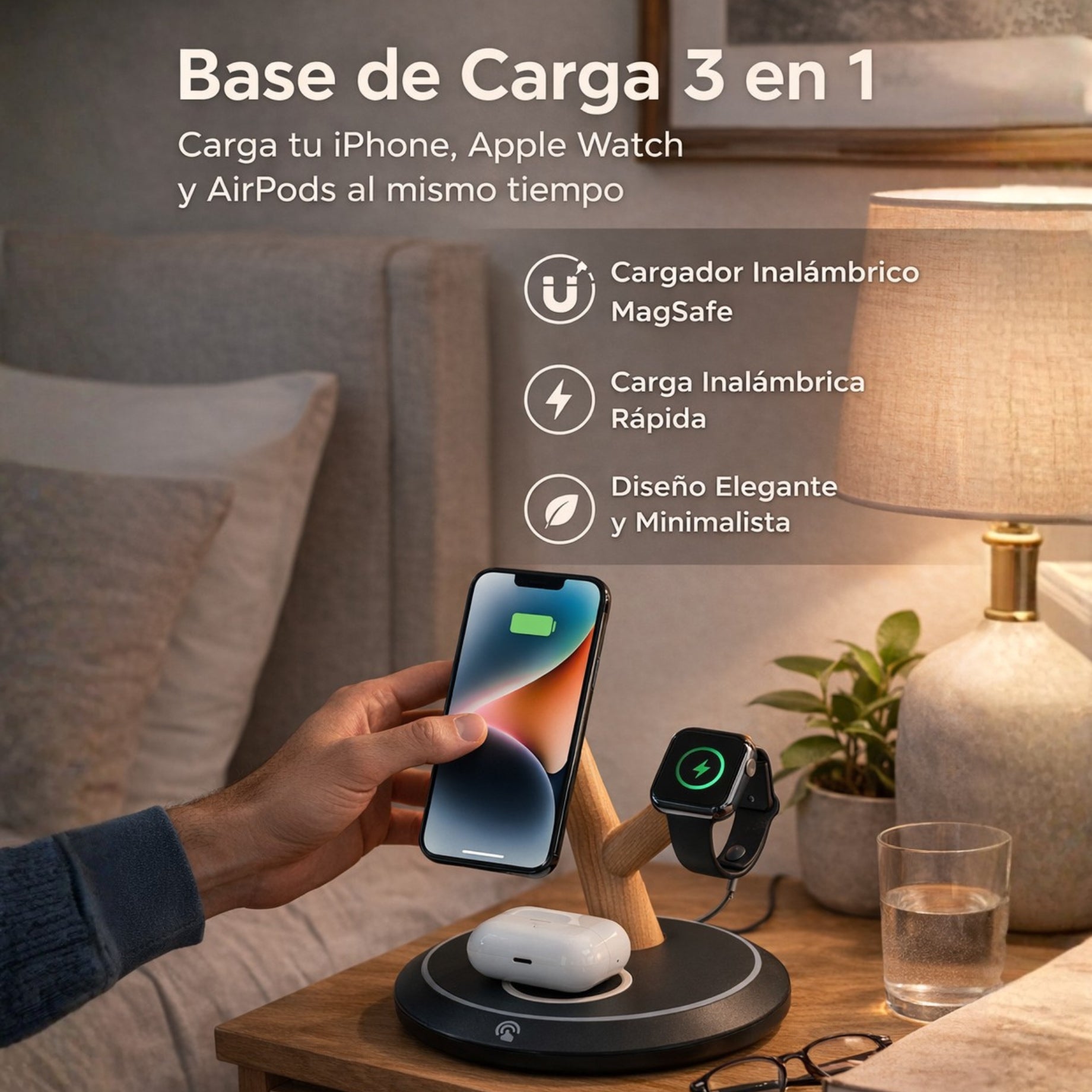 Base MagSafe 3 en 1 Fast Charge Bambú