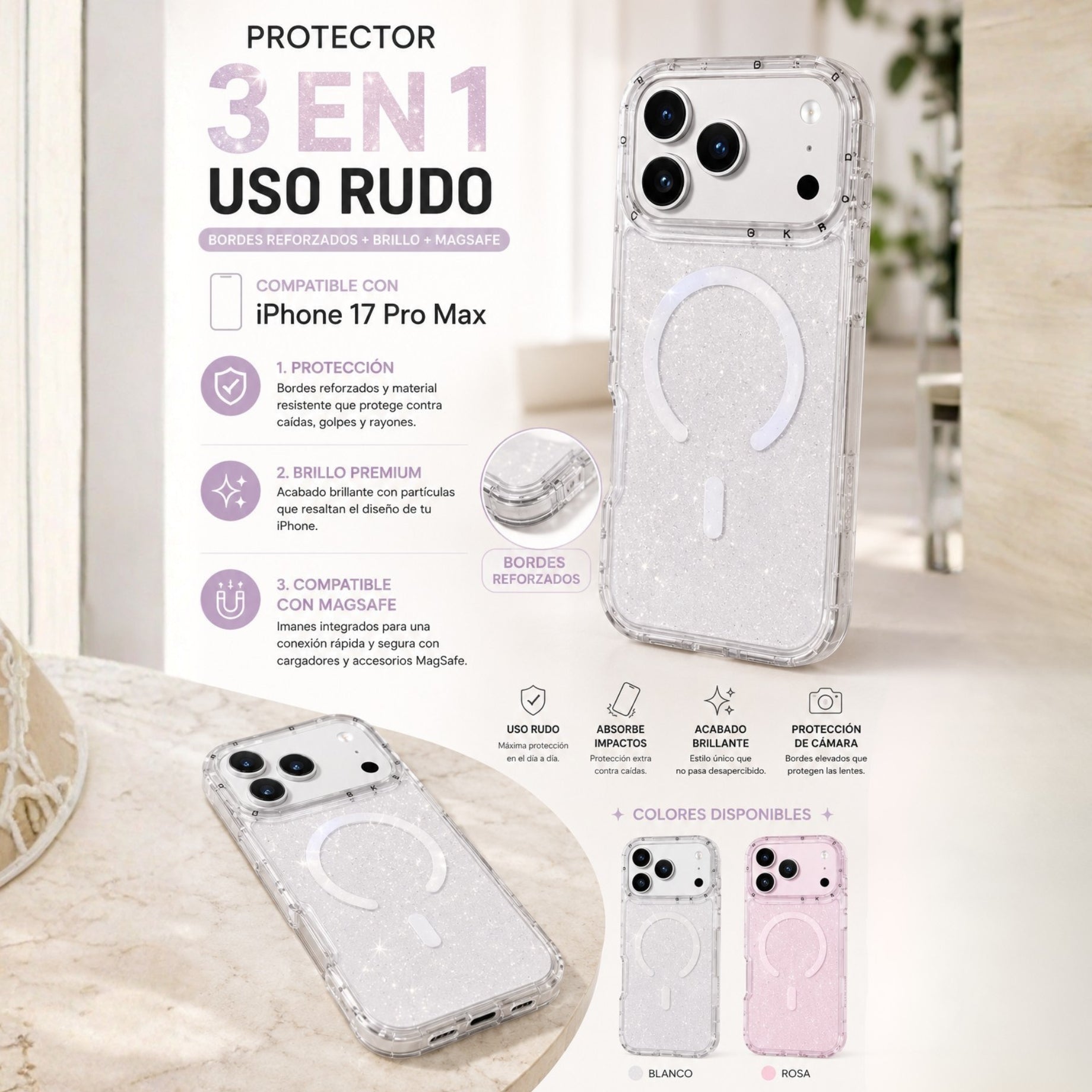 Protector iPhone 17 Pro Max Aura Clear 3 en 1 Magsafe