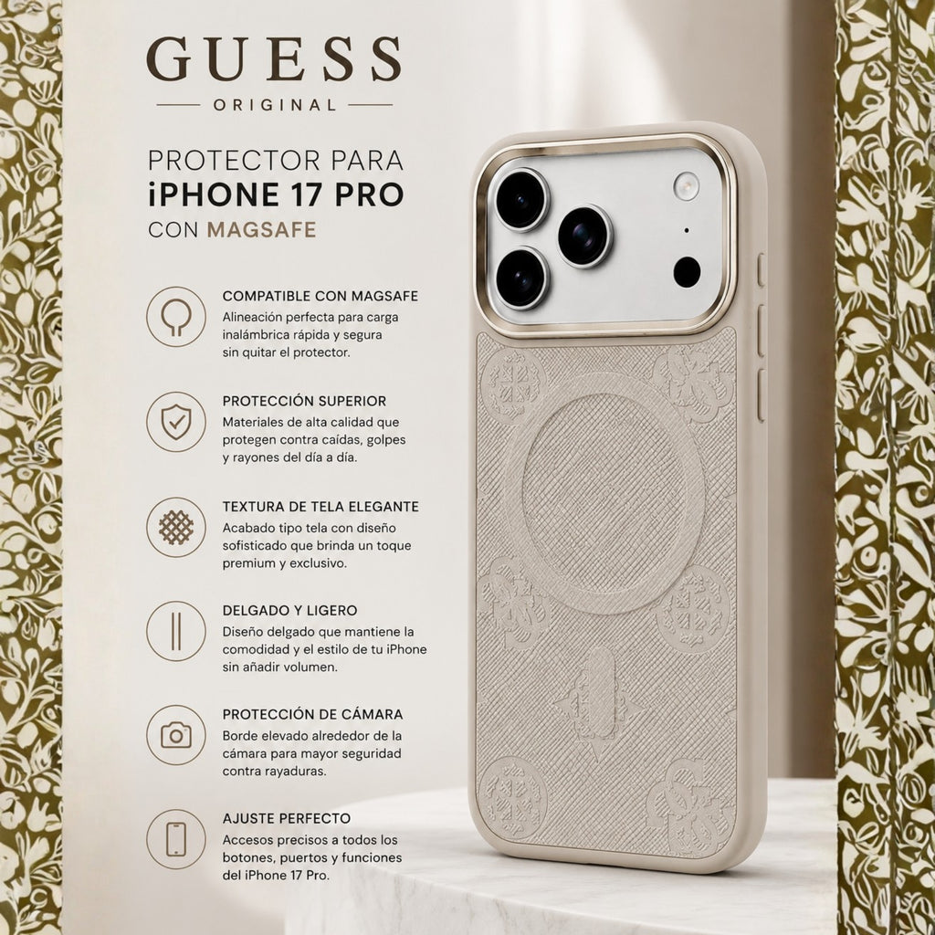 Protector iPhone 17 Pro GUESS Magsafe Peony Metal Beige