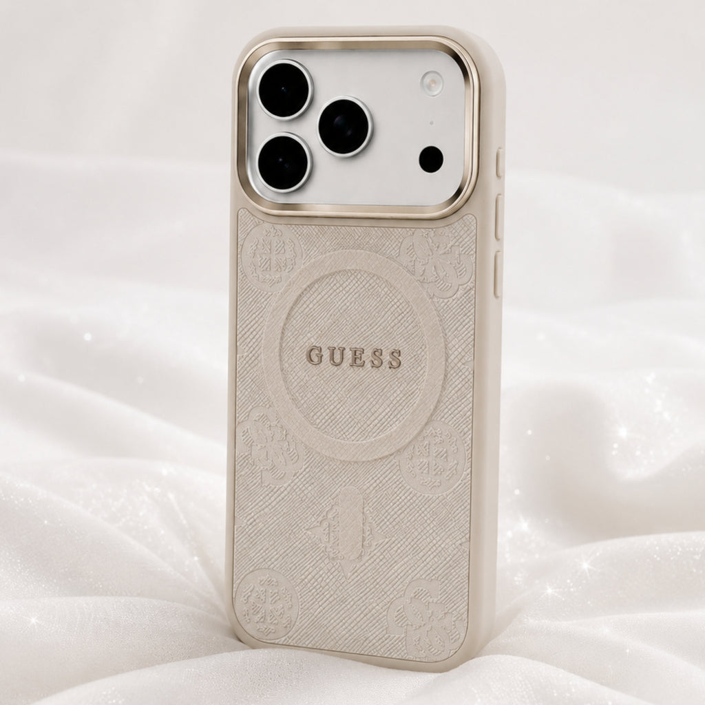 Protector iPhone 17 Pro GUESS Magsafe Peony Metal Beige