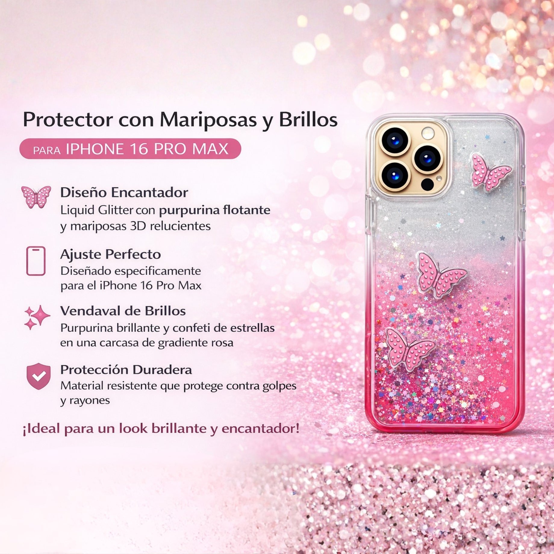 Protector iPhone 16 Pro Max Diseño Mariposas Rosa