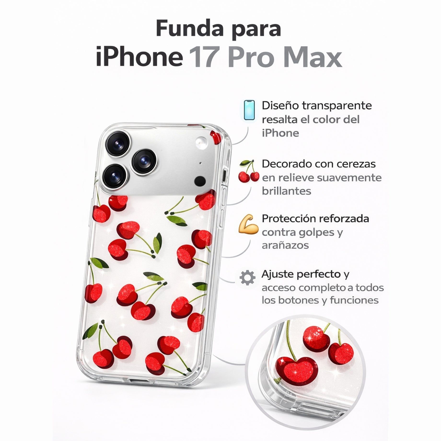 Protector IPhone 17 Pro Max Cerezas Con Brillos